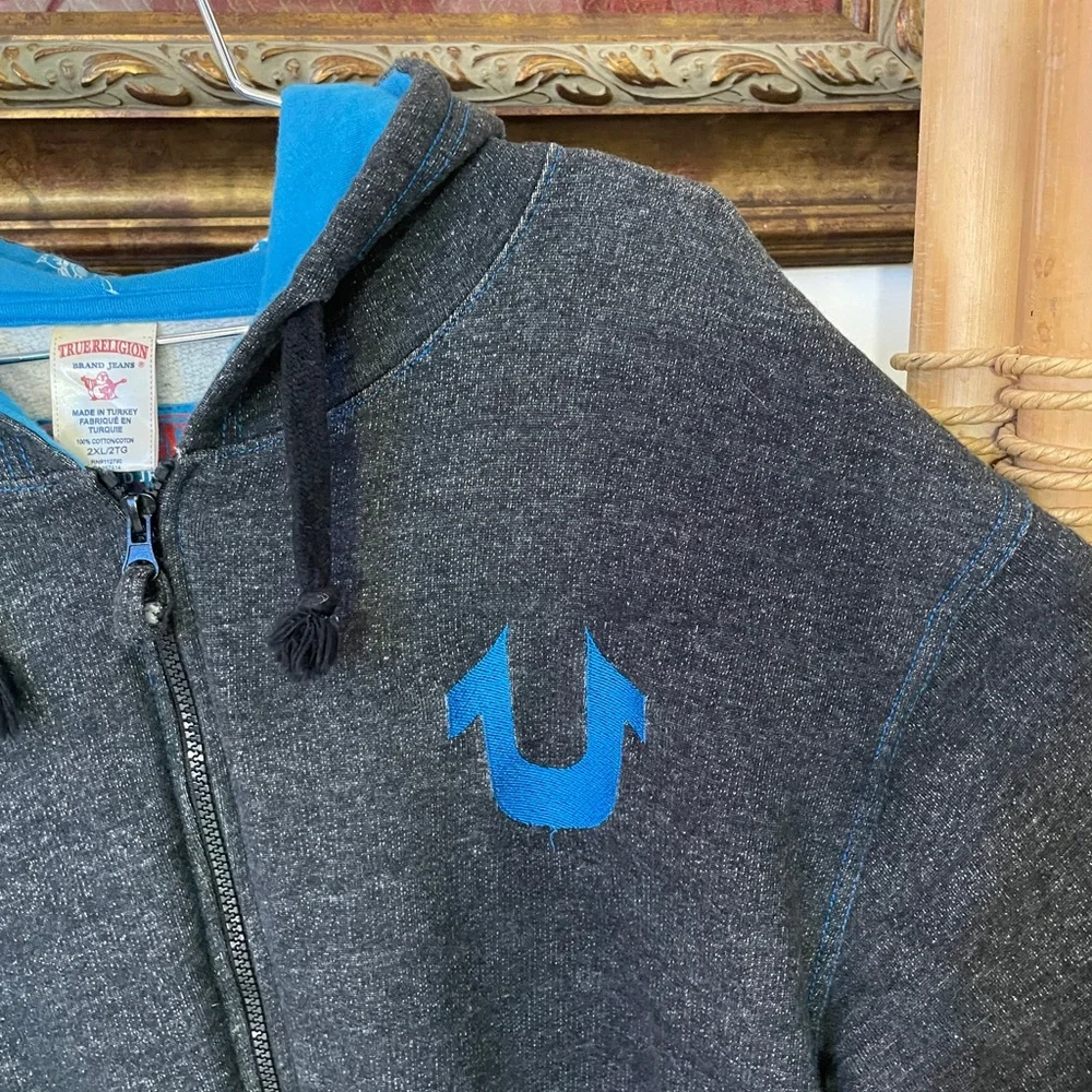 Y2K True Religion Raised Spellout Full Zip Hoodie Charcoal Blue Men’s 2XL🧡🎀
